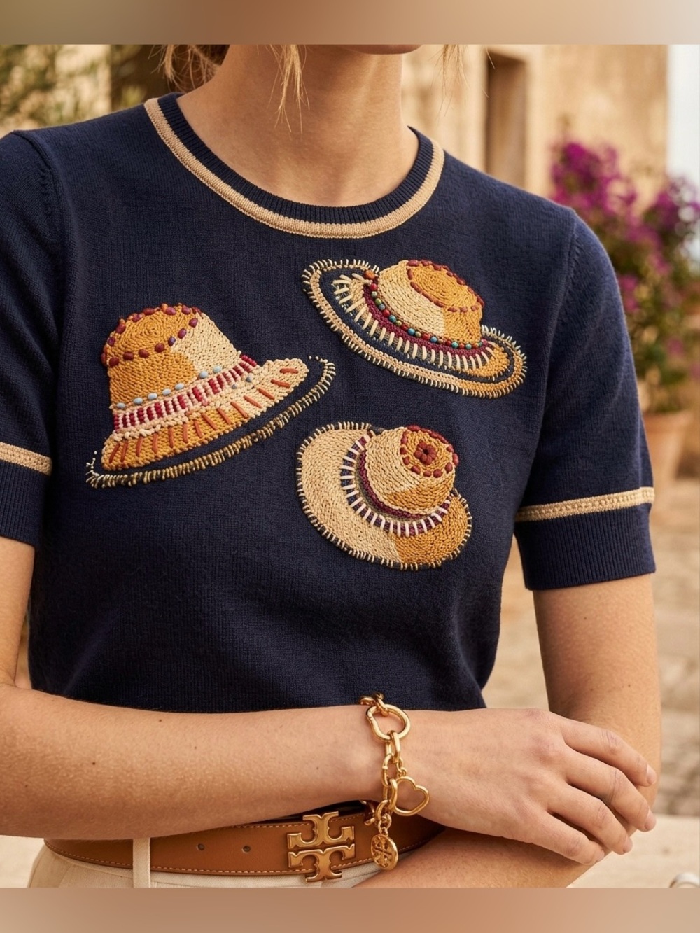 Tory Burch 100% Merino Wool Navy Hand Embroidered Beaded Sunhat Print Sweater M - Picture 2 of 13